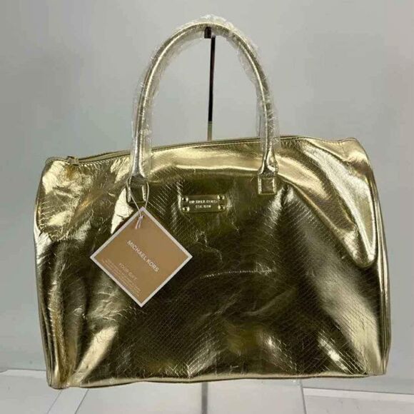 NEW MICHAEL Kors MK Metallic Gold Faux Leather Gift Weekender Bag Tote Purse - Picture 1 of 5